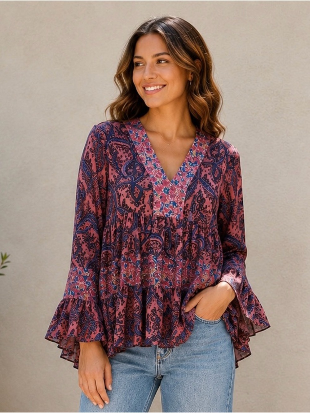 Altar'd State Pink & Blue Paisley Tiered V-Neck Tunic